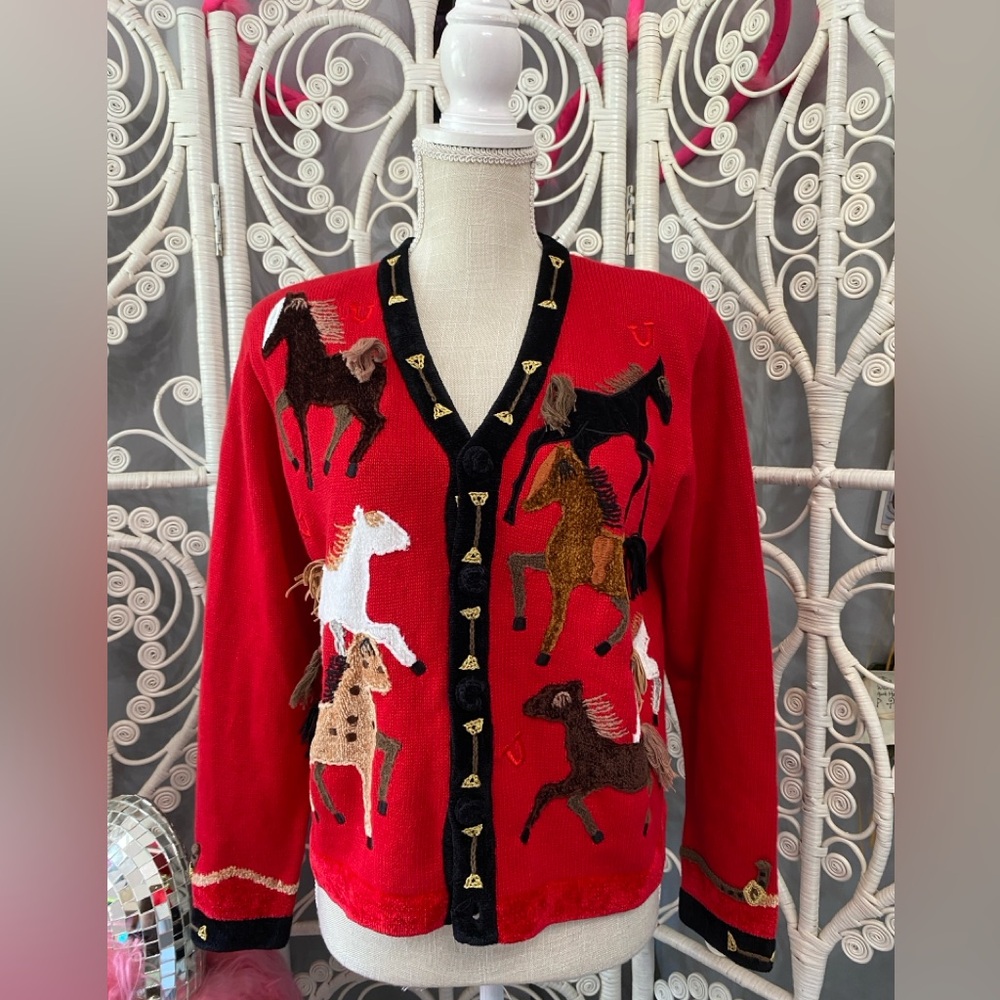 VTG JUST B RED EQUESTRIAN HORSE SWEATER MEDIUM VINTAGE CARDIGAN